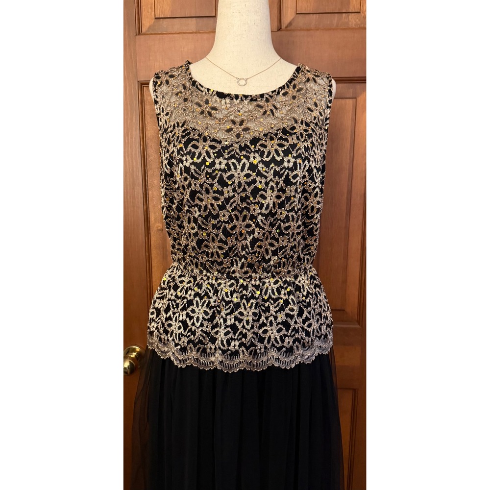 Candalite Lace Dress Womens M Black/Gold Maxi Holiday Party Evening Wedding Maxi